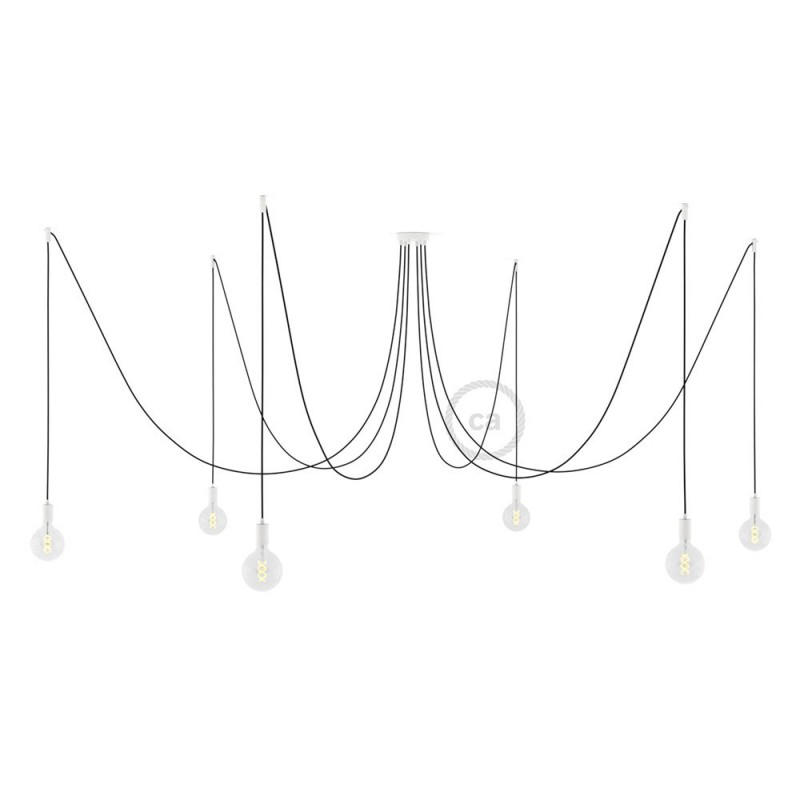 Pauk viseće lampa s 6 ispusta, bijeli metal, crni kabel RM04, napravljeno u Italiji.
