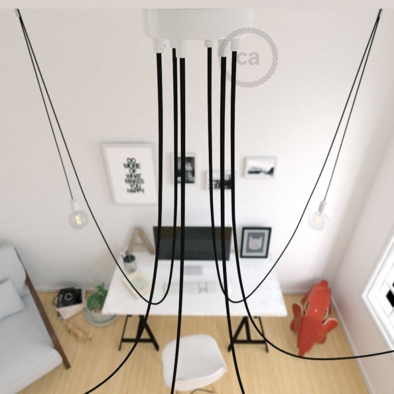 Pauk viseće lampa s 6 ispusta, bijeli metal, crni kabel RM04, napravljeno u Italiji.