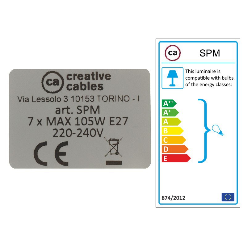 Pauk viseće lampa s 5 ispusta, crni metal, antracit kabel RN03, napravljeno u Italiji.