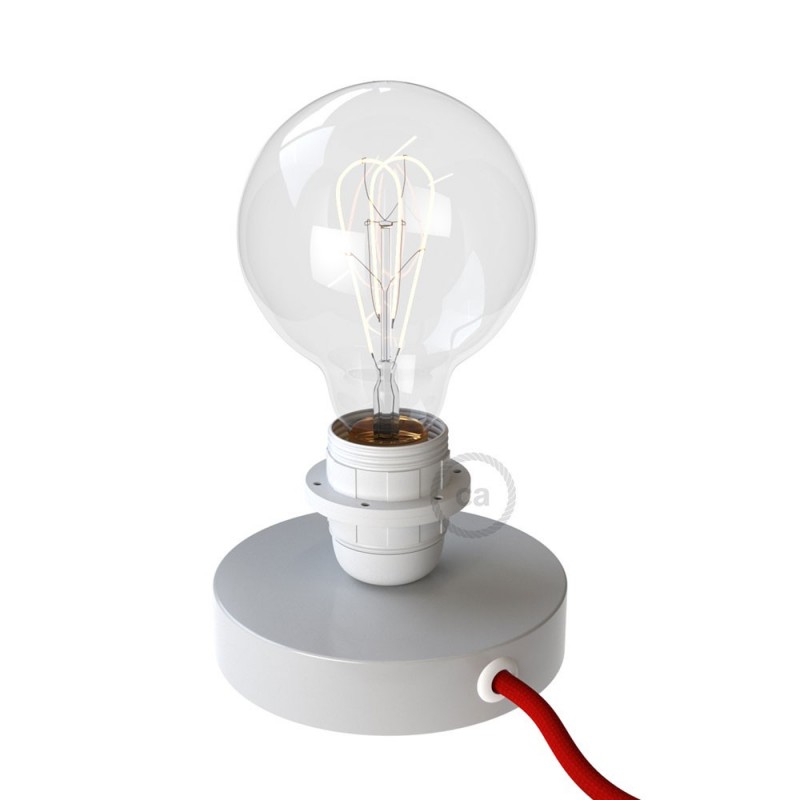 Posaluce, bijela metalna stolna svjetiljka za sjenilo, s tekstilnim kabelom, prekidačem i dvopolnim utikačem