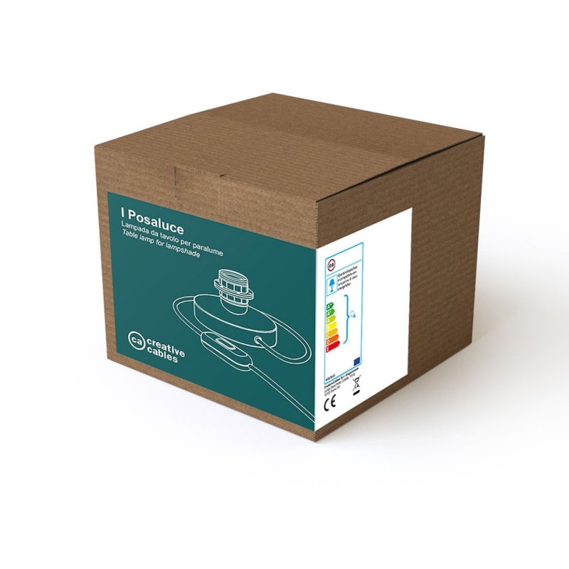 Posaluce, bijela metalna stolna svjetiljka za sjenilo, s tekstilnim kabelom, prekidačem i dvopolnim utikačem