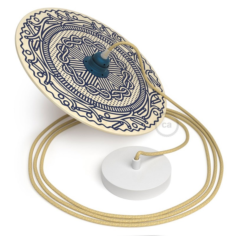 UFO Viseća lampa s dvostranim drvenim sjenilom s ilustracijama od strane Gianfranco Setzu s kabelom RN06 Juta