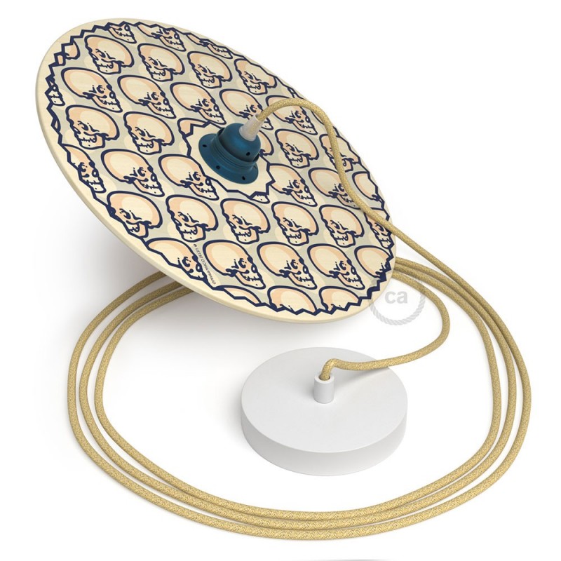 UFO Viseća lampa s dvostranim drvenim sjenilom s ilustracijama od strane Gianfranco Setzu s kabelom RN06 Juta