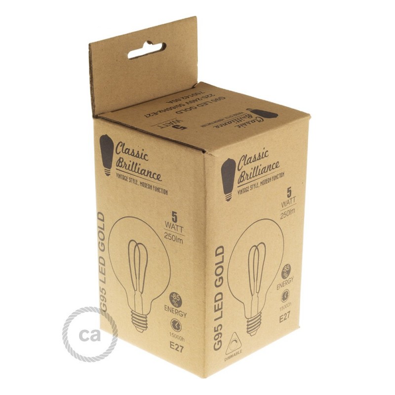 LED zlatna žarulja - Globe G95 dupla spiralna žarna nit - 5W E27 dimabilna ( s prigušivanjem svjetla ) 2000K