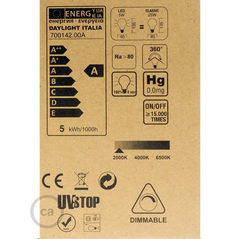 LED zlatna žarulja - Globe G95 dupla spiralna žarna nit - 5W E27 dimabilna ( s prigušivanjem svjetla ) 2000K
