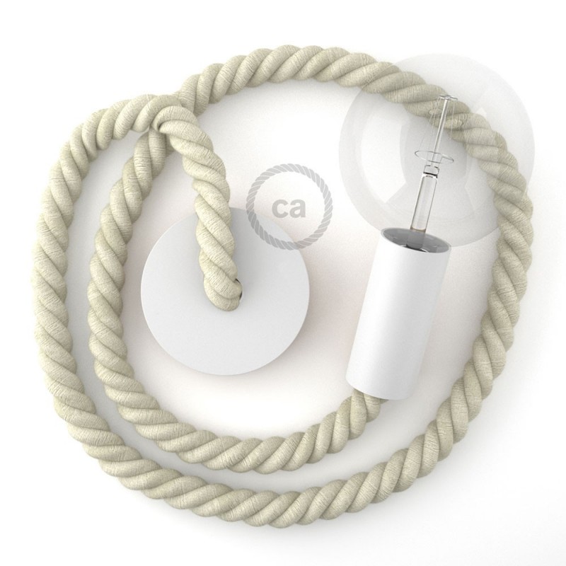 Bijelo obojena viseća drvena lampa, set s omotanim 2XL 24mm tekstilnim kabelom, prekrivenim prirodnim pamukom.