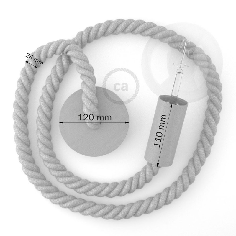 Bijelo obojena viseća drvena lampa, set s omotanim 2XL 24mm tekstilnim kabelom, prekrivenim prirodnim pamukom.