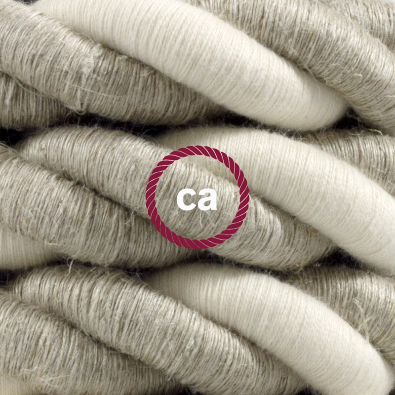 Bijelo obojena viseća drvena lampa, set s omotanim 2XL 24mm  kabelom, prekrivenim prirodnim pamukom i prirodnim lanom.