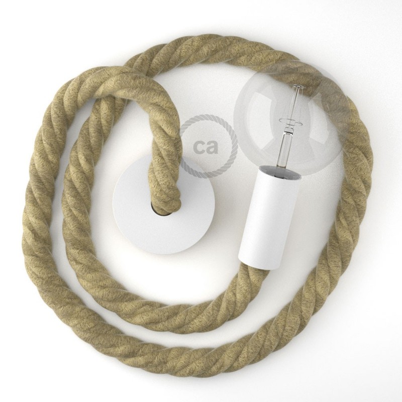 Bijelo obojena viseća drvena lampa, set s omotanim 3XL 30mm tekstilnim kabelom, prekrivenim grubo jutom.