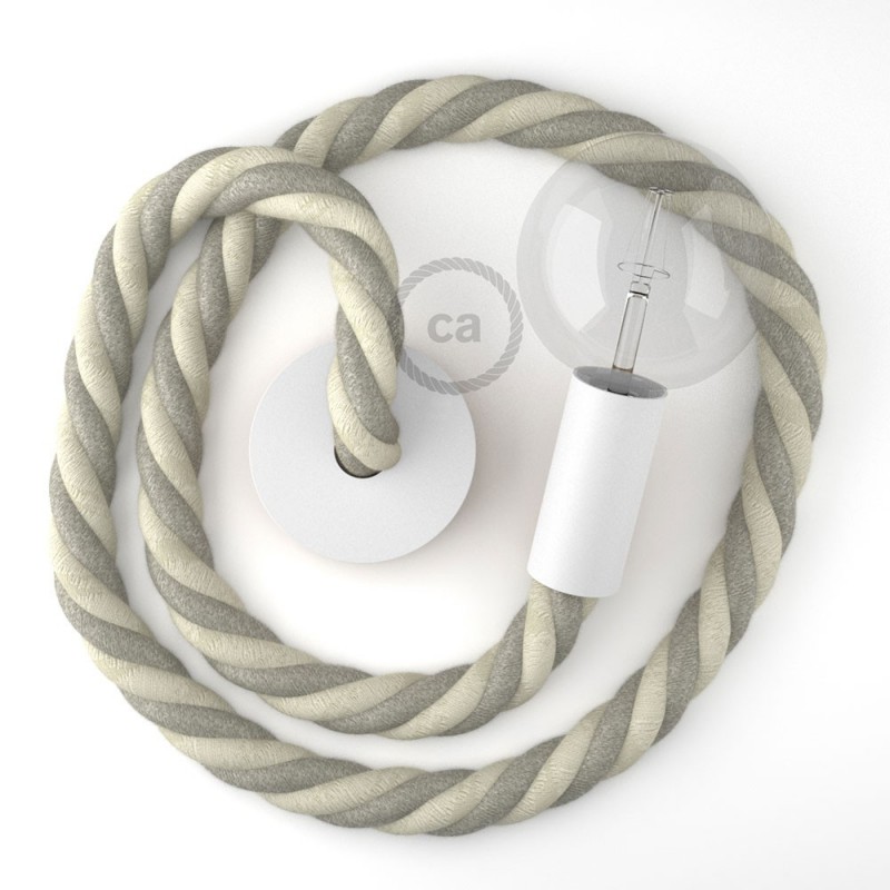 Bijelo obojena viseća drvena lampa, set s omotanim 3XL 30mm kabelom, prekrivenim prirodnim pamukom i prirodnim lanom.