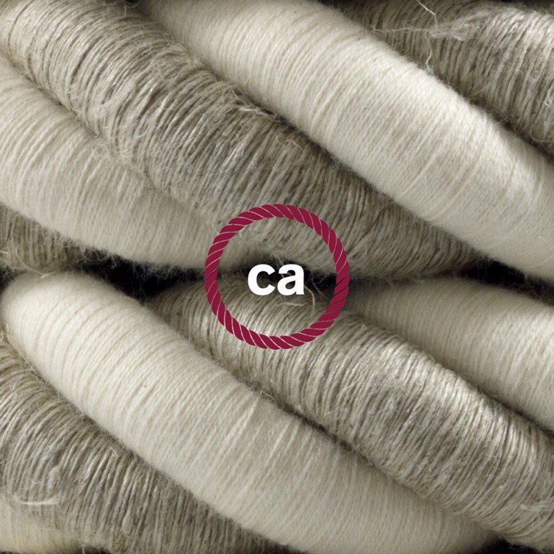 Bijelo obojena viseća drvena lampa, set s omotanim 3XL 30mm kabelom, prekrivenim prirodnim pamukom i prirodnim lanom.