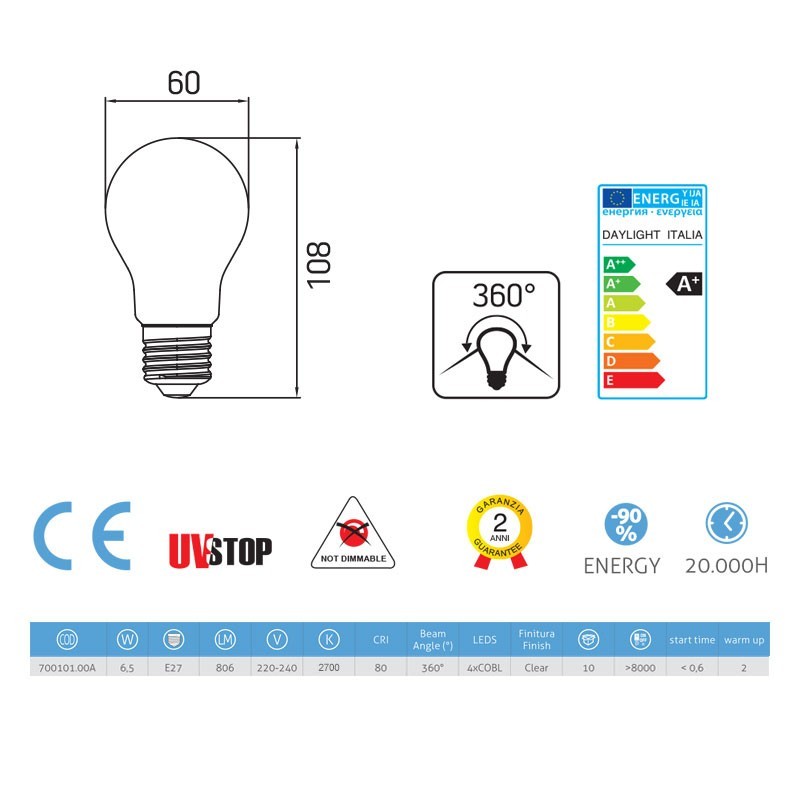 Žarulja led žarna nit Drop / kapljica 6.5W E27 Prozirna
