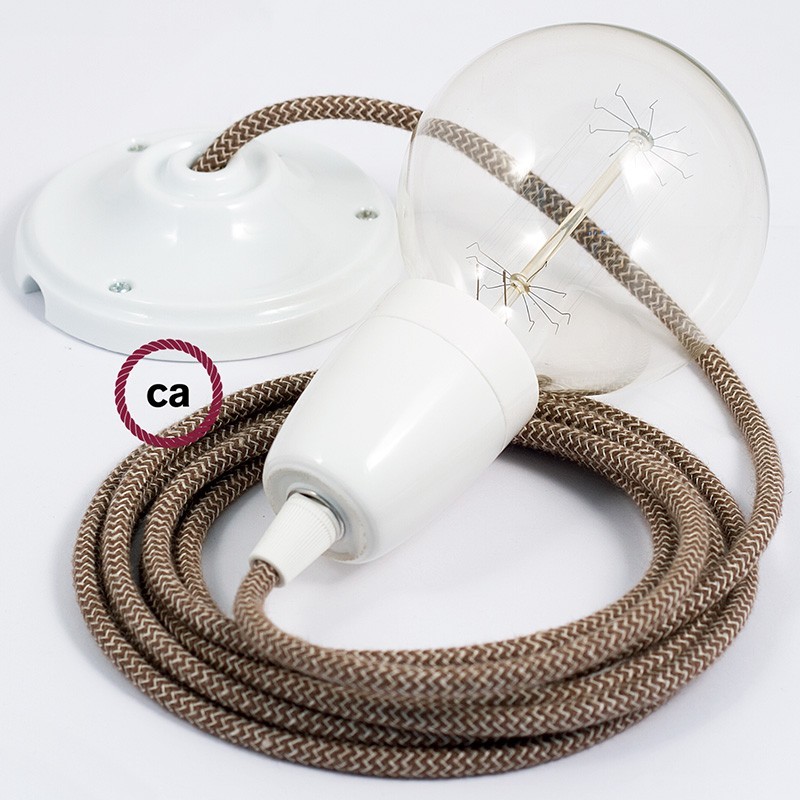 Viseća porculanska lampa, set s tekstilnim kabelom RD73 - Cik-Cak, Smeđi Pamuk I Prirodni Lan
