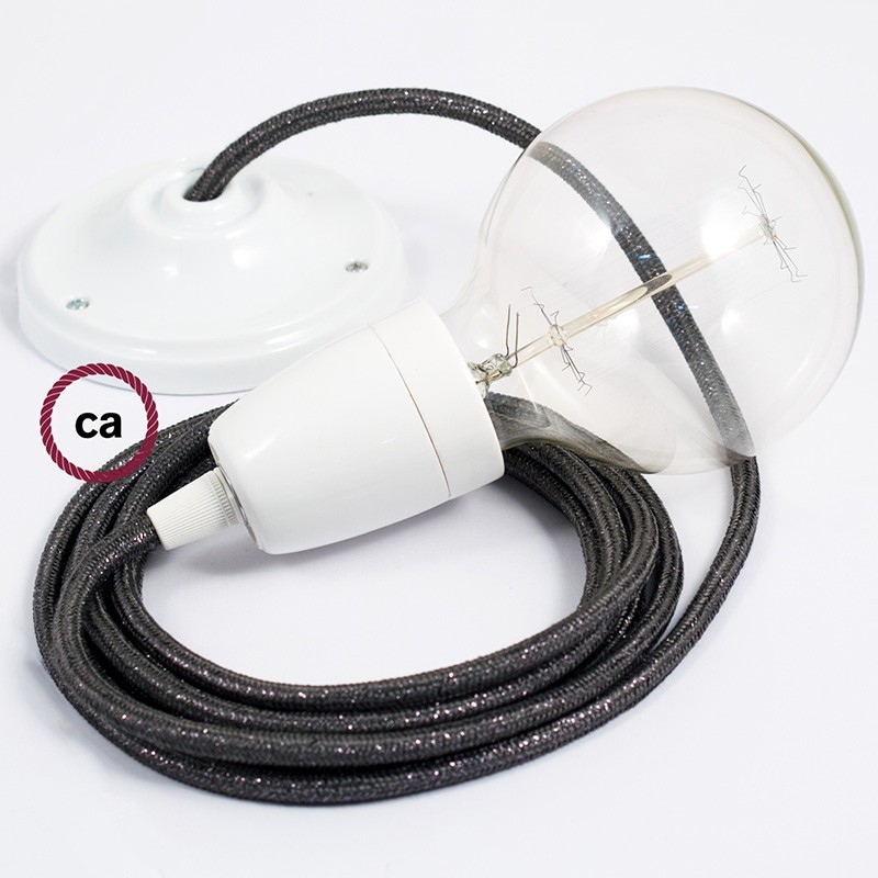 Viseća porculanska lampa, set s tekstilnim kabelom RL03 - Svjetlucavo Sivi rajon